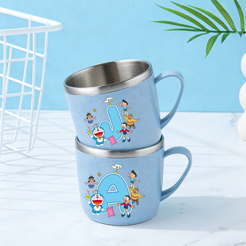 

26letters Doraemons Water Bottle Kawaii Stainless Steel Cups Handle Coffee Milk Mug Tea Drink Water Bottle for Home Office Gift
