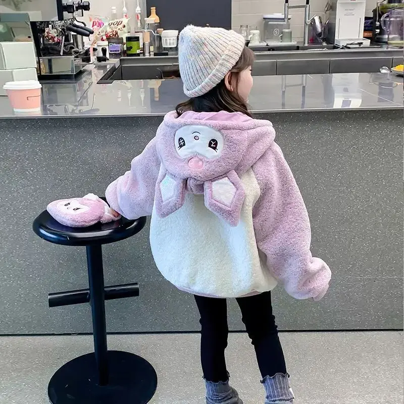 Anime Sanrioed Kuromi Kids Hooded Jacket Girls Furry Coat Thickened Warm Lamb Velvet New Plush Coats Autumn Winter Kids Clothes