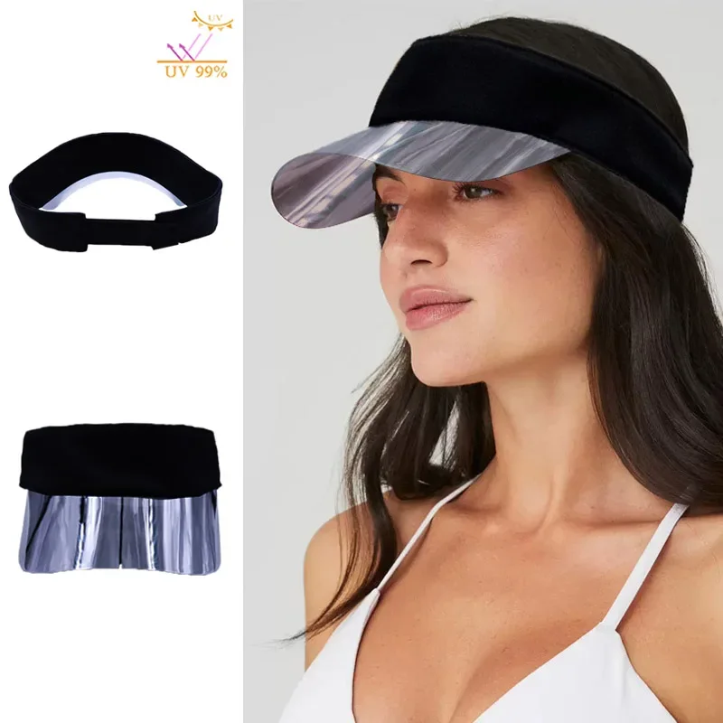 2024 New Silver Gradient AL Hard Top Sun Visor PVC Unisex Hat UV Protection Air Top Yoga Sport Viseras for Travel Walking Hiking