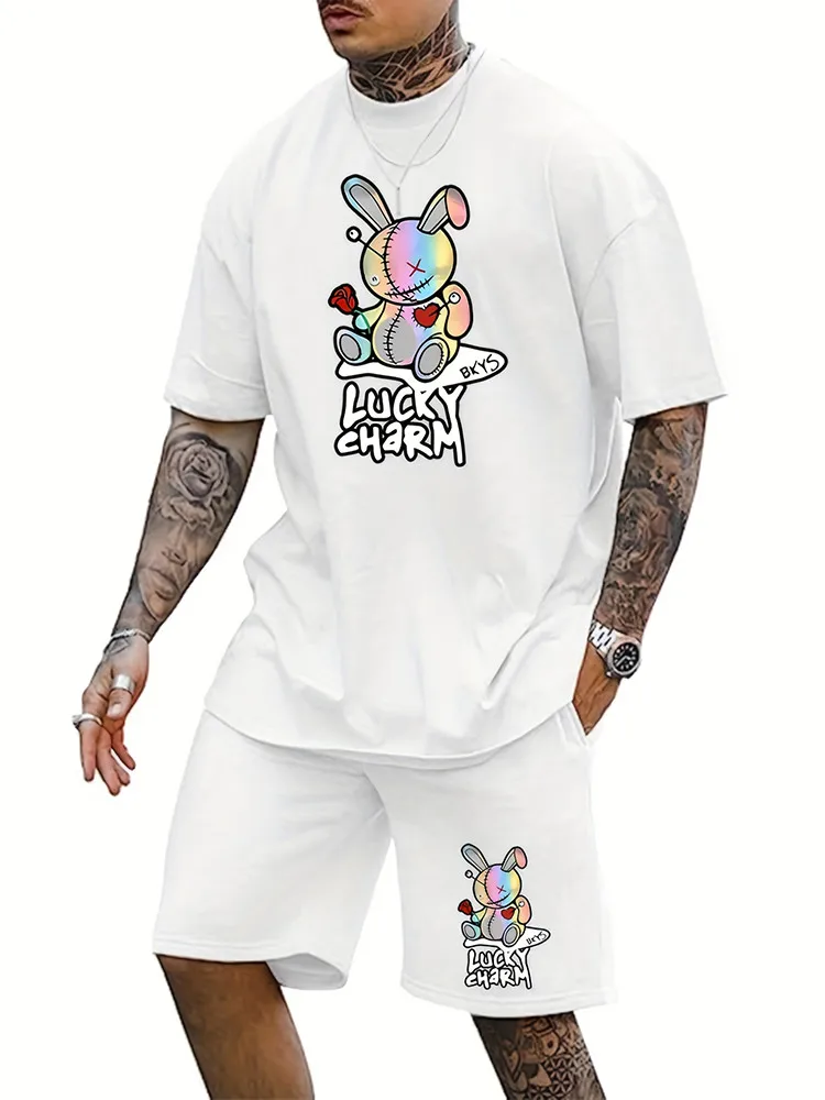 

Men's Summer Daily Casual Short Sleeve Shorts Set Cartoon Bunny Doll and Lucky Charm Printed T-Shirt Shorts Set Home Pajamas Set