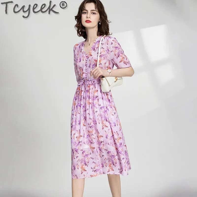 

100% Tcyeek Real Mulberry Silk Women's Elegant es for Women Clothes Fashion Summer es 2024 Lace-up Midi Dress