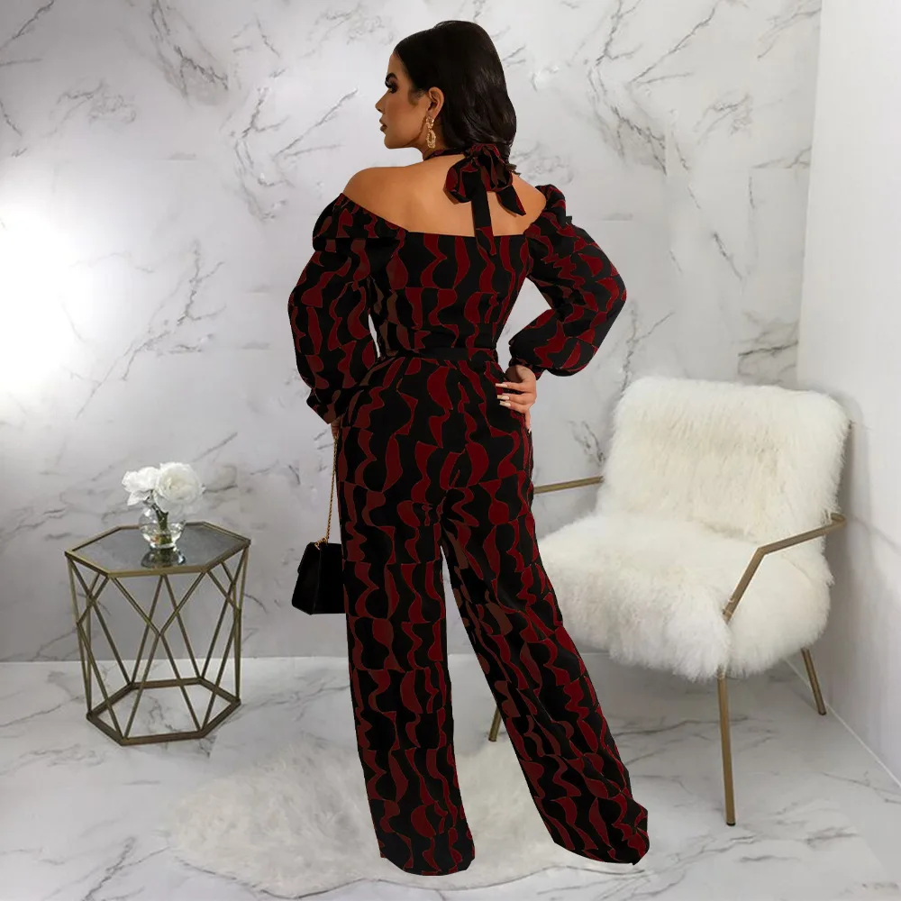 Women Printed Long Sleeve Halter Jumpsuit with Belt Women Rompers One Piece Overalls Night Club Outfits