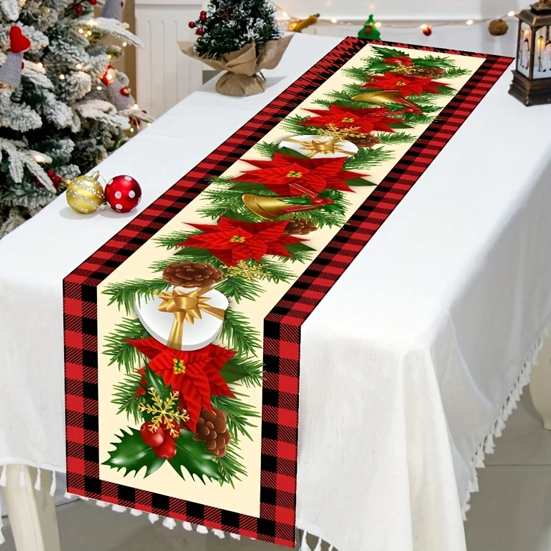 Christmas Poinsettia Floral Pine Needle Linen Table Runner Xmas Party Decor Winter Kitchen Table Runners Chriatmas Decorations