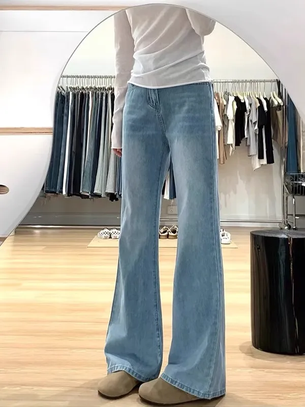 

Джинсы-клеш с высокой талией светлого цвета, эластичные, для женщин больших размеров, корректирующие фигуру, из хлопкового стрейч-денима