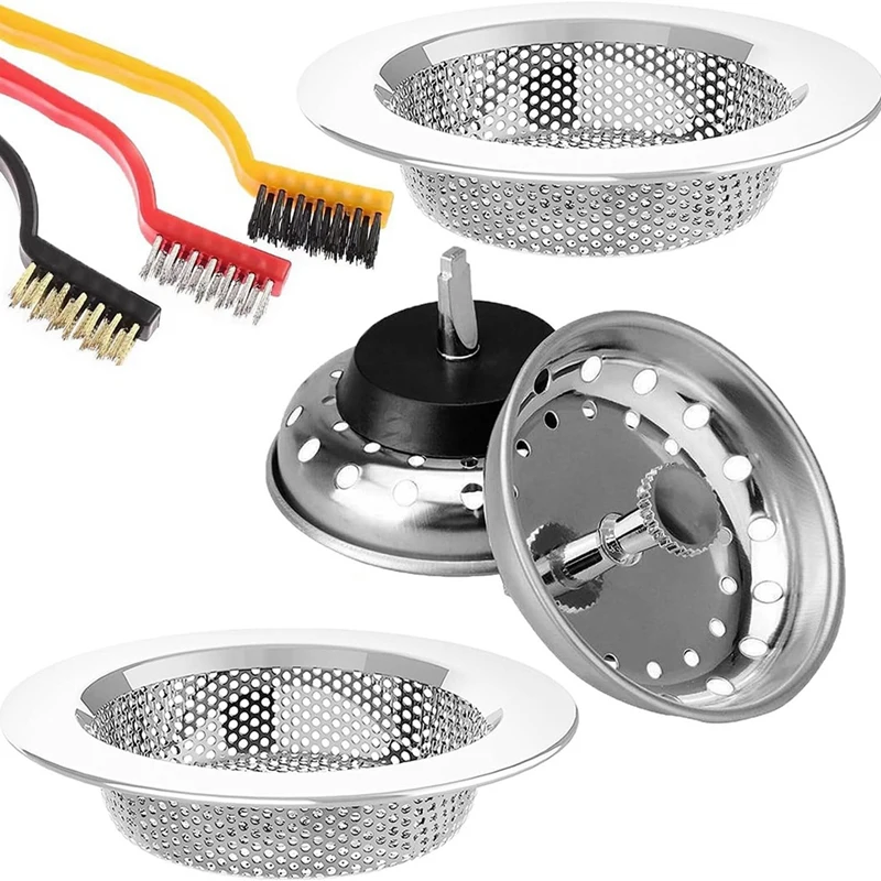 2 Pcs Kitchen Sink Strainer Stopper Combo Basket Replacement For 3-1/2 Inch Drain, Bonus 3Pcs Kitchen Cleaning Brushes