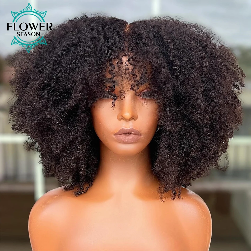 Kinky Curly Wigs With Bangs 200 Density Brazilian Afro Kinky Curly Human Hair Wigs Scalp Top Full Machine Made Wig for women