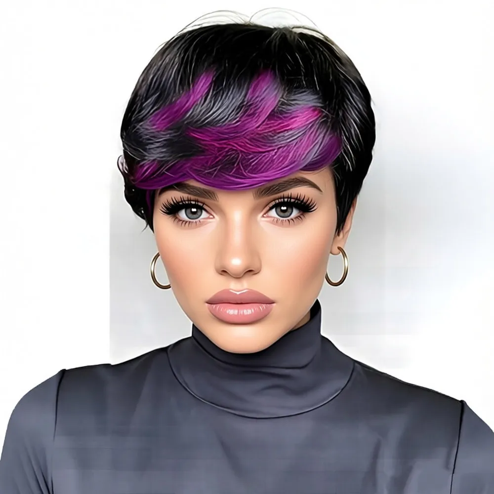 

Парик из натуральных волос с стрижкой пикси для женщин, короткий, кудрявый, машинной работы, для повседневного использования и вечеринок, 150% плотность, 6 дюймов, цвет 1B/ПУРПУРНЫЙ, многослойный.