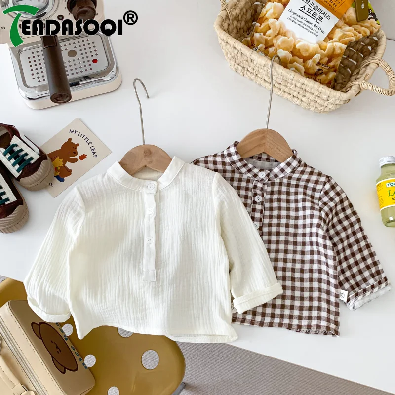 

Spring Autumn Newborn Cotton Clothing Kids Baby Girls Boys Full Sleeve Plaid Button O-neck Thin Top Shirts Toddler Infant 3M-3Y