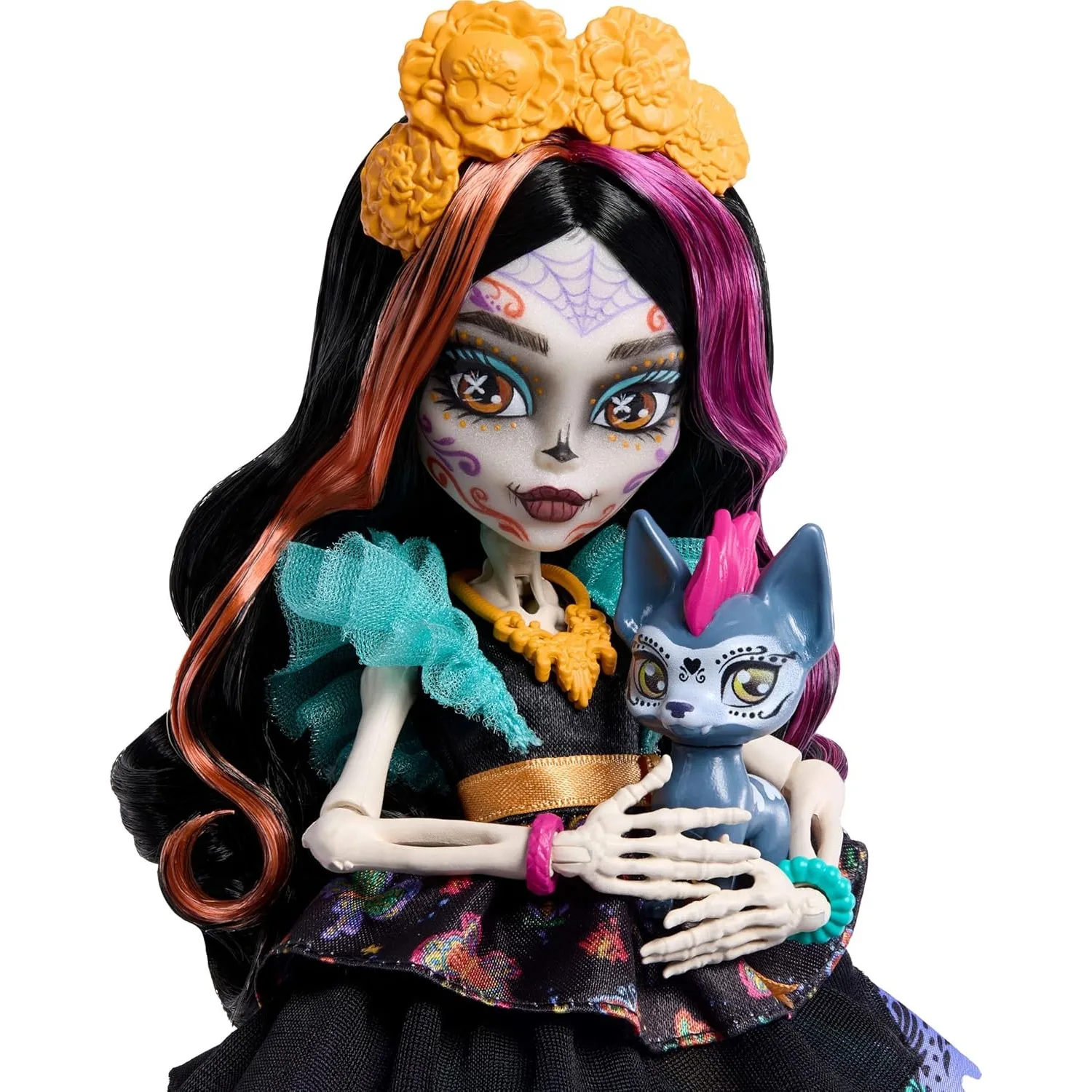 2026 New Original Mattel Monster High Doll Skelita Calaveras Colorful Papel Picado Dress  Pet Dog Candelita 7 Accessories JHK34