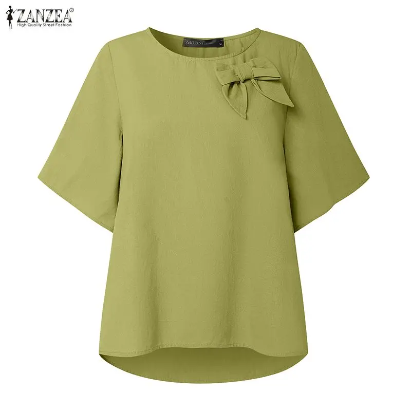 2026 ZANZEA Camicette di lino in cotone casual estivo Camicette da donna con fiocco dettagliato O-Collo Mezza manica Tinta unita Top alto-basso Abbigliamento donna