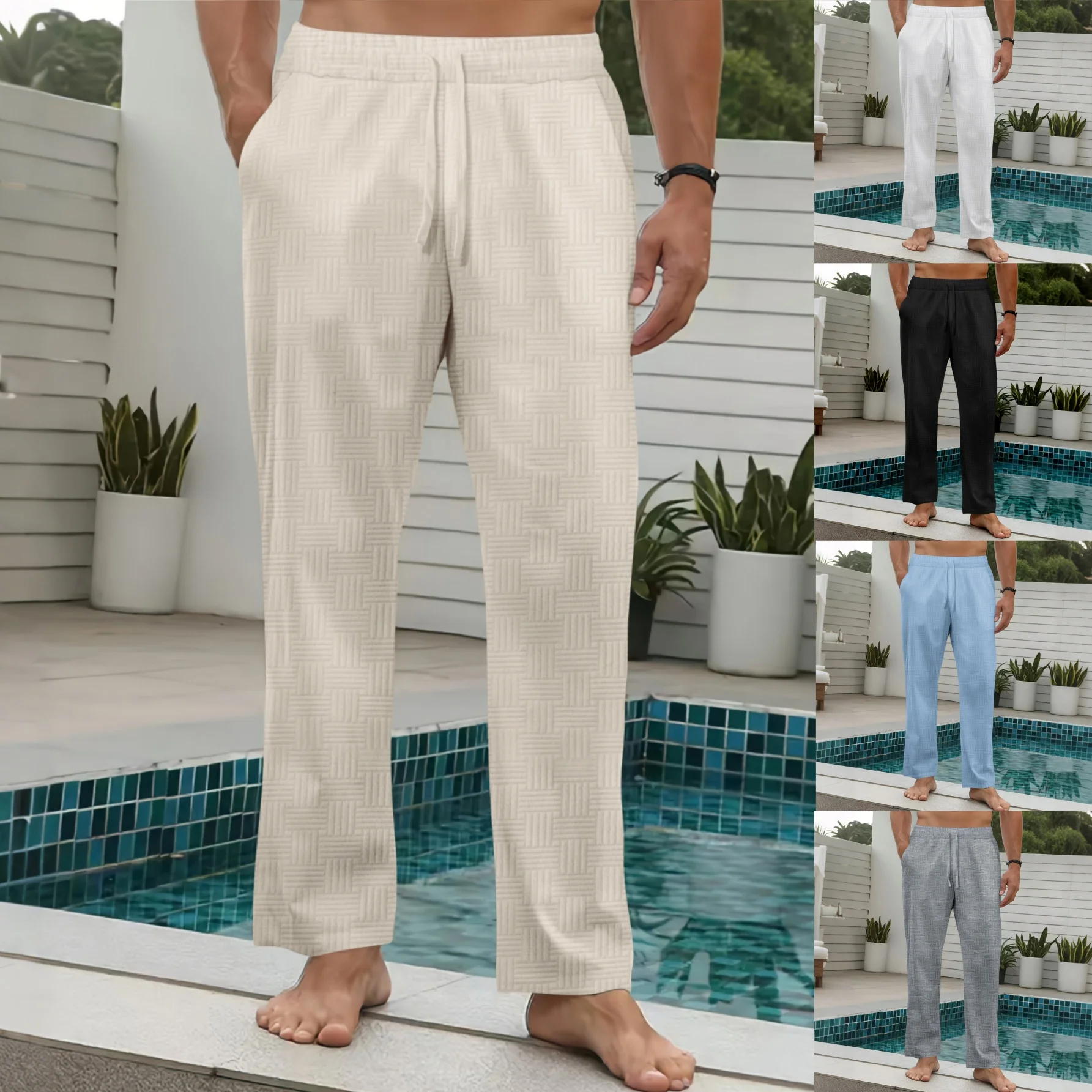 

Men's Casual Straight-Leg Pants 2025 Solid-Color Fashionable Jacquard Drawstring Loose Pocket Sportswear Streetwear Trousers