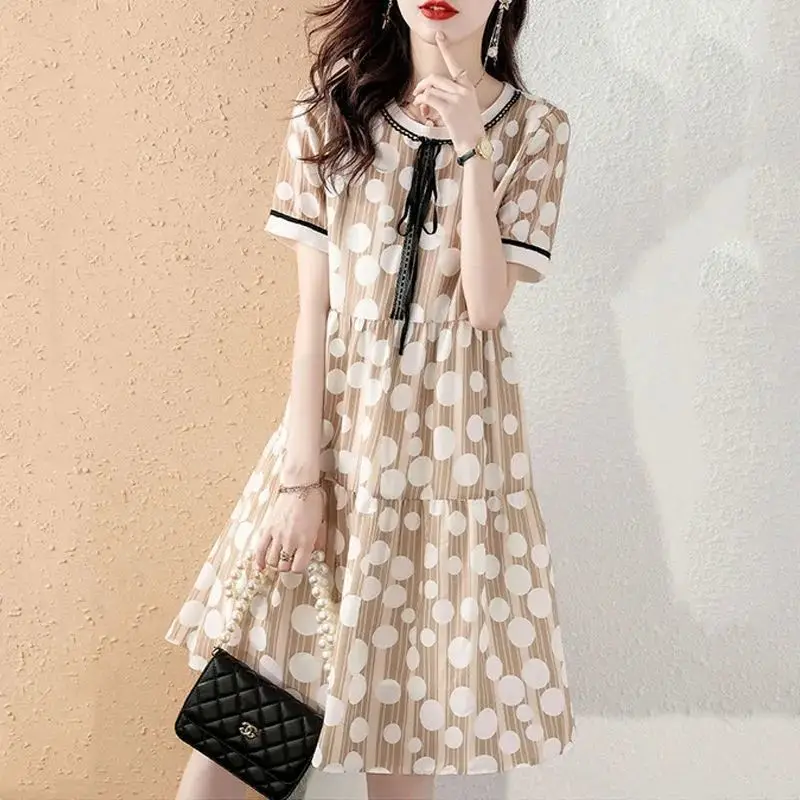 2024 New Summer Casual Korean Patchwork O-neck Short Sleeve Floral Dress Women Clothes Temperament Lacing Midi Dress Ladies