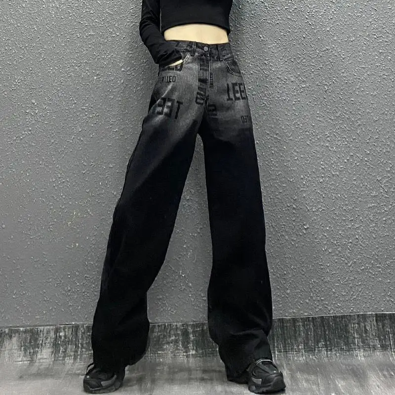 Brand Personality Letter Printed Jeans Women Autumn New High-waisted Straight Wide-leg Mopping Pants Female ripped jeans
