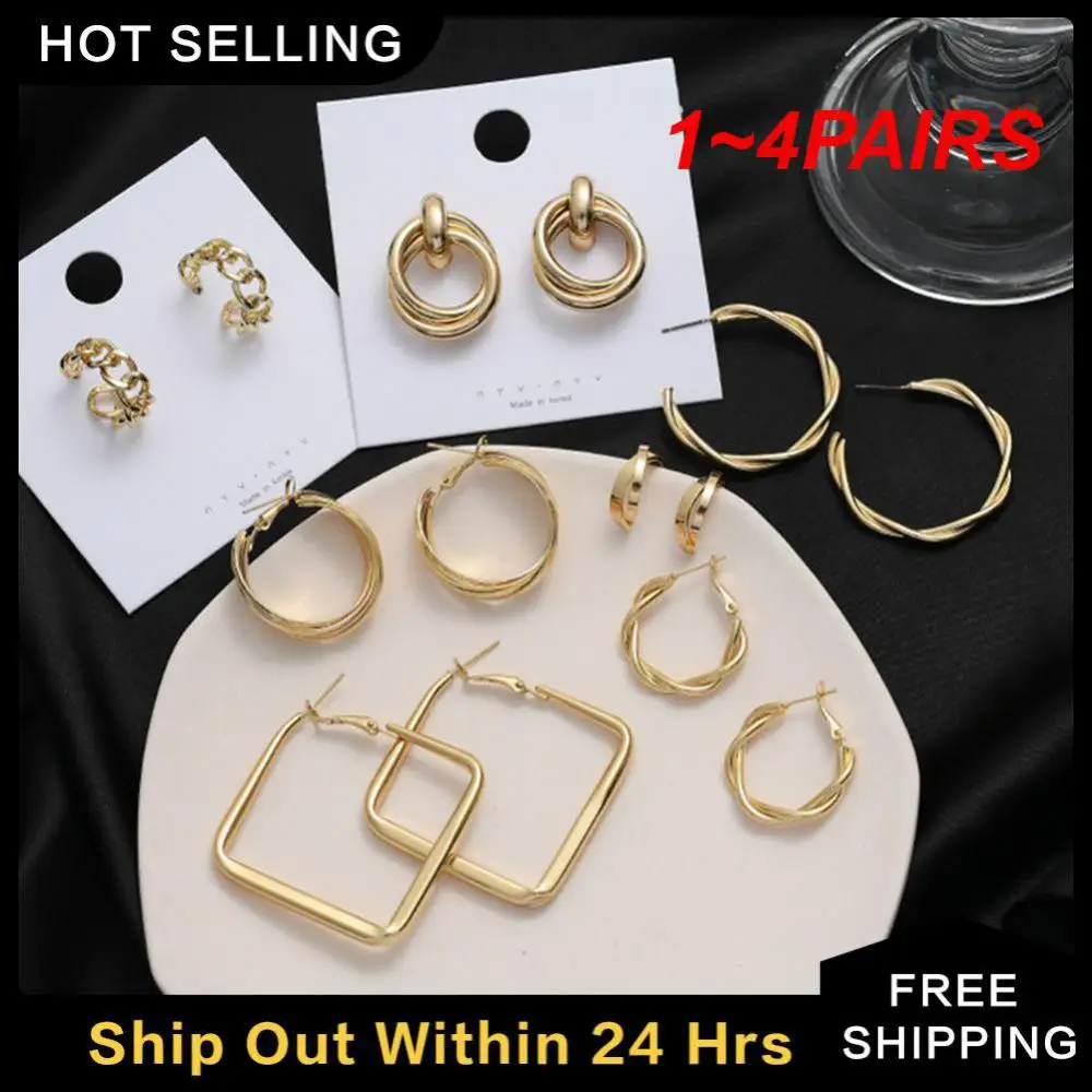 1~4PAIRS Womens Earrings Geometric Gold Color Hoop Earrings Party Gift Earring Circle Exaggerated Irregular Circle Earrings