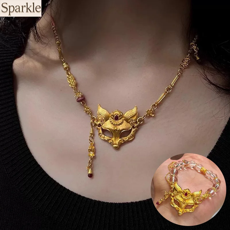 

Vintage Nine-Tailed Fox Mask Necklace & Bracelet For Women Gold Plated Luxury Jewelry Set Charm Crystal beaded Bracelets Gifts