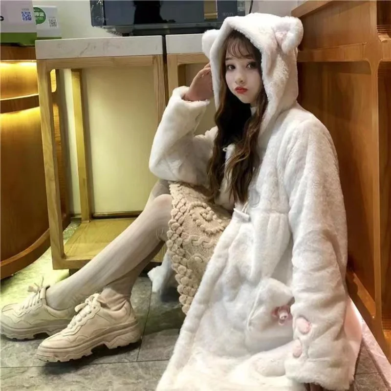 Winter jacke Frauen Lolita Fleece gefüttert verdickt Mädchen weichen Stoff Kawaii Katze Ohr Hut Klaue niedlichen Plüsch weißen Mantel jugendlichen