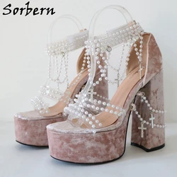 Sorbern Blush Pink Velvet Sandals Beadings Ankle Straps Summer Style Shoes Block High Heel With Charmings Custom Colorss