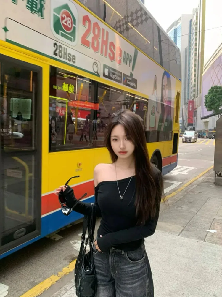 

Women's Black Sexy Cropped T Shirt, Long Sleeve Tops, Slash Neck, Elegant, Slim, Korean Fashion, Fall Clothing