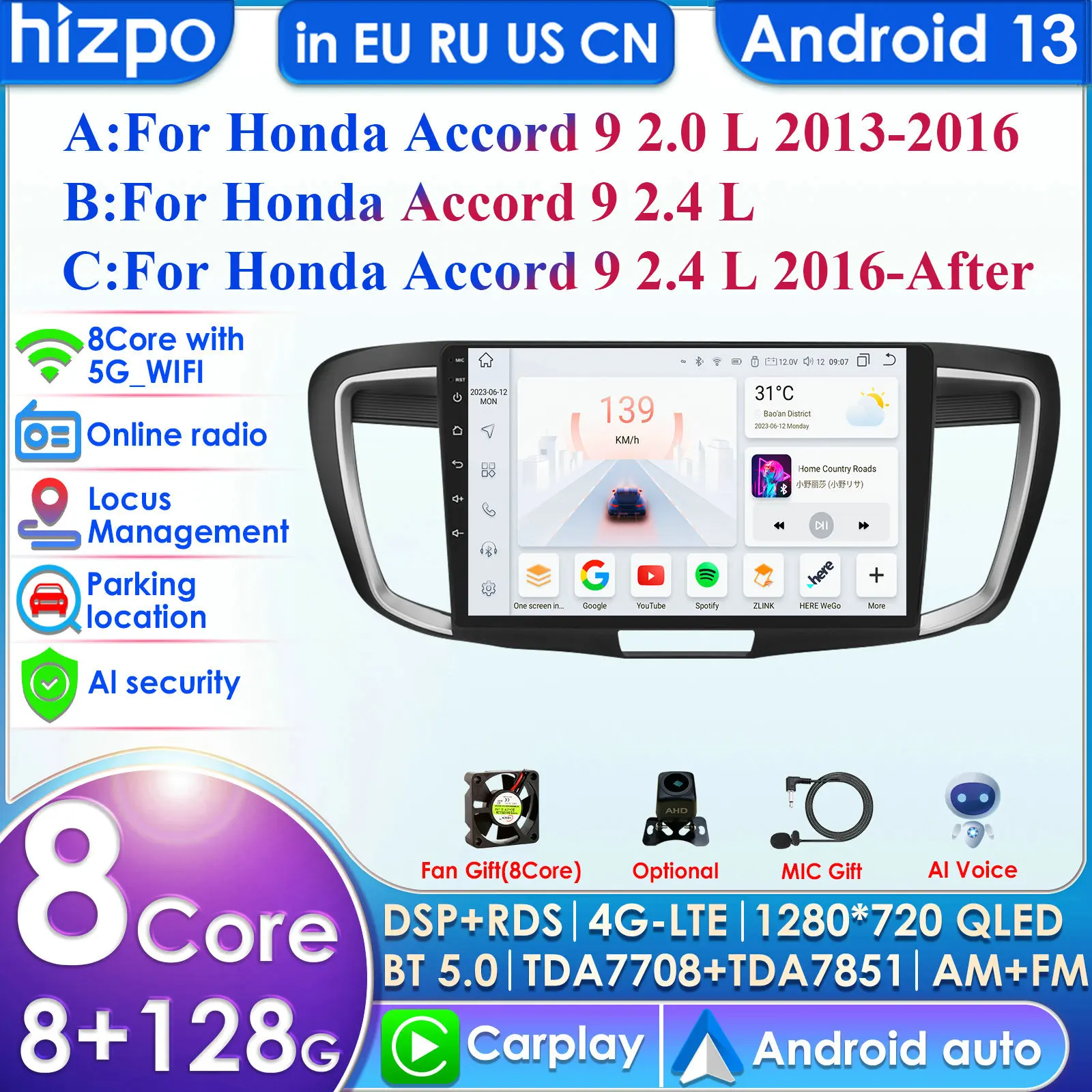 Carplay 4G 2 Din Android 13 Car Radio for Honda ACCORD 9 2.0L 2.4L 2012 Multimedia Video Intelligent Player Nav GPS DSP WIFI AMP