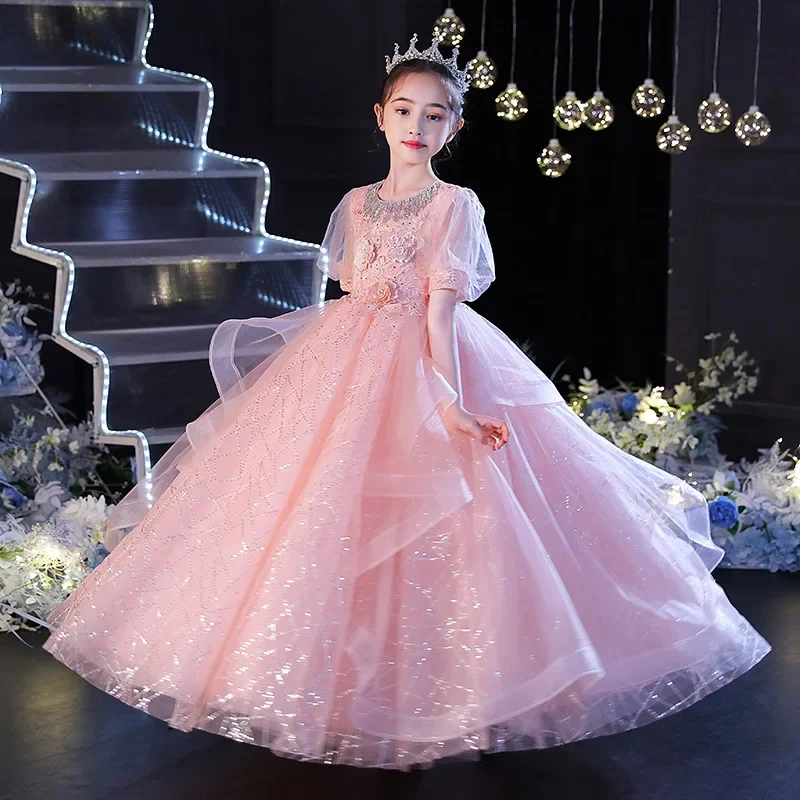 Kids Dresses For girls Party Wedding Long dress Sequins Beaded embroidery Children Pageant Gown Girls Princess pink Tulle Dress