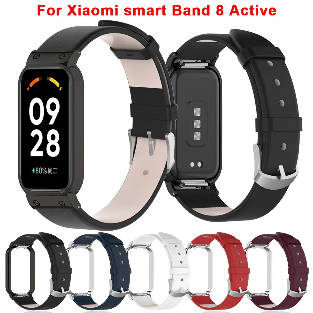 Leather Bracelet Band With Case For Xiaomi Mi Band 8 Active Women Men Watch Wrist Strap Correa Smart Band 8Active Protector Case