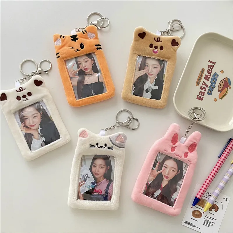 2024 Kawaii Cartoon Photocard Holder Cute Animal Soft Plush 3 Inch Kpop Photo Card Holder Bag Pendant Protective Case Stationery