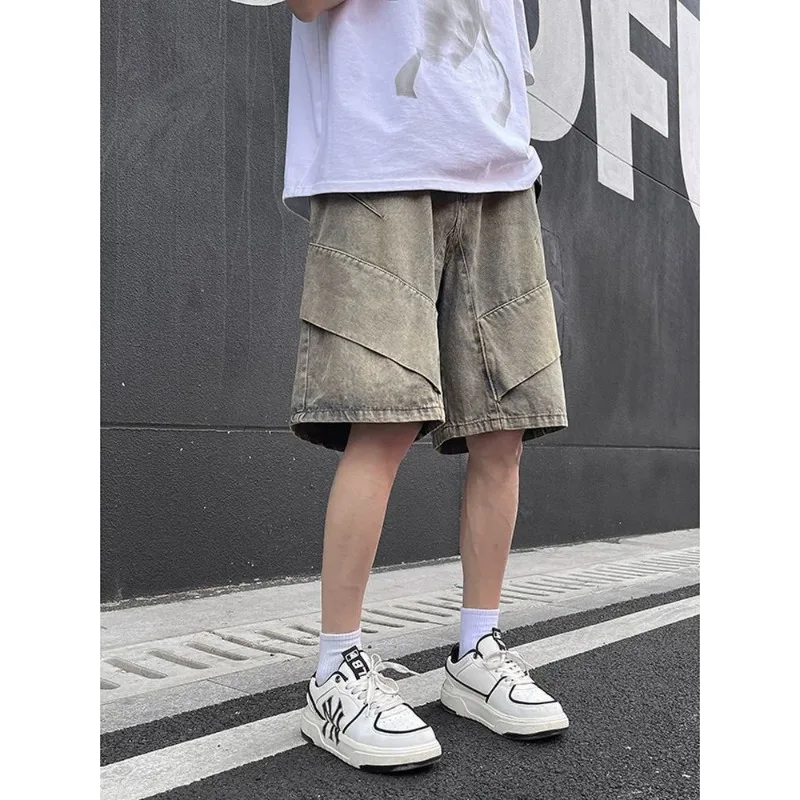

Men's Vintage Washed Patchwork Denim Shorts Loose Fit Wide Leg Casual Cargo Shorts