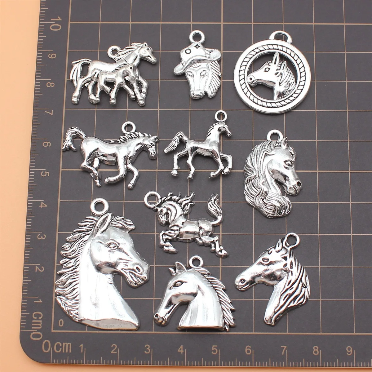 10pcs Antique Silver Color Horse Charms Collection For DIY Jewelry Making, 10 Styles, 1 of Each