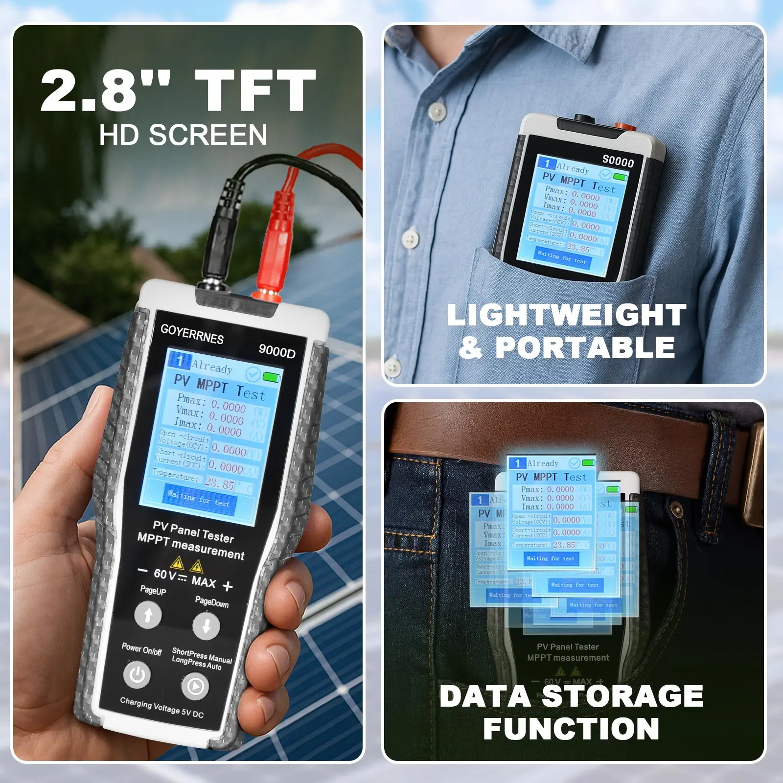 

PV Panel Tester MPPT Solar Panel Tester with 2.8-inch TFT Screen,Measures Pmax/Vmax/Imax/Open-Circuit Voltage/Short-Circuit