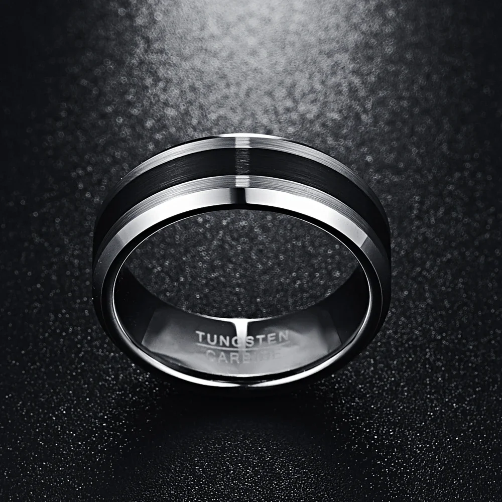 Nuncad-男性用タングステンカーバイドリング、結婚式と婚約用のブラシリング、センターベベルエッジ、ブラック仕上げ、t020r、8mm