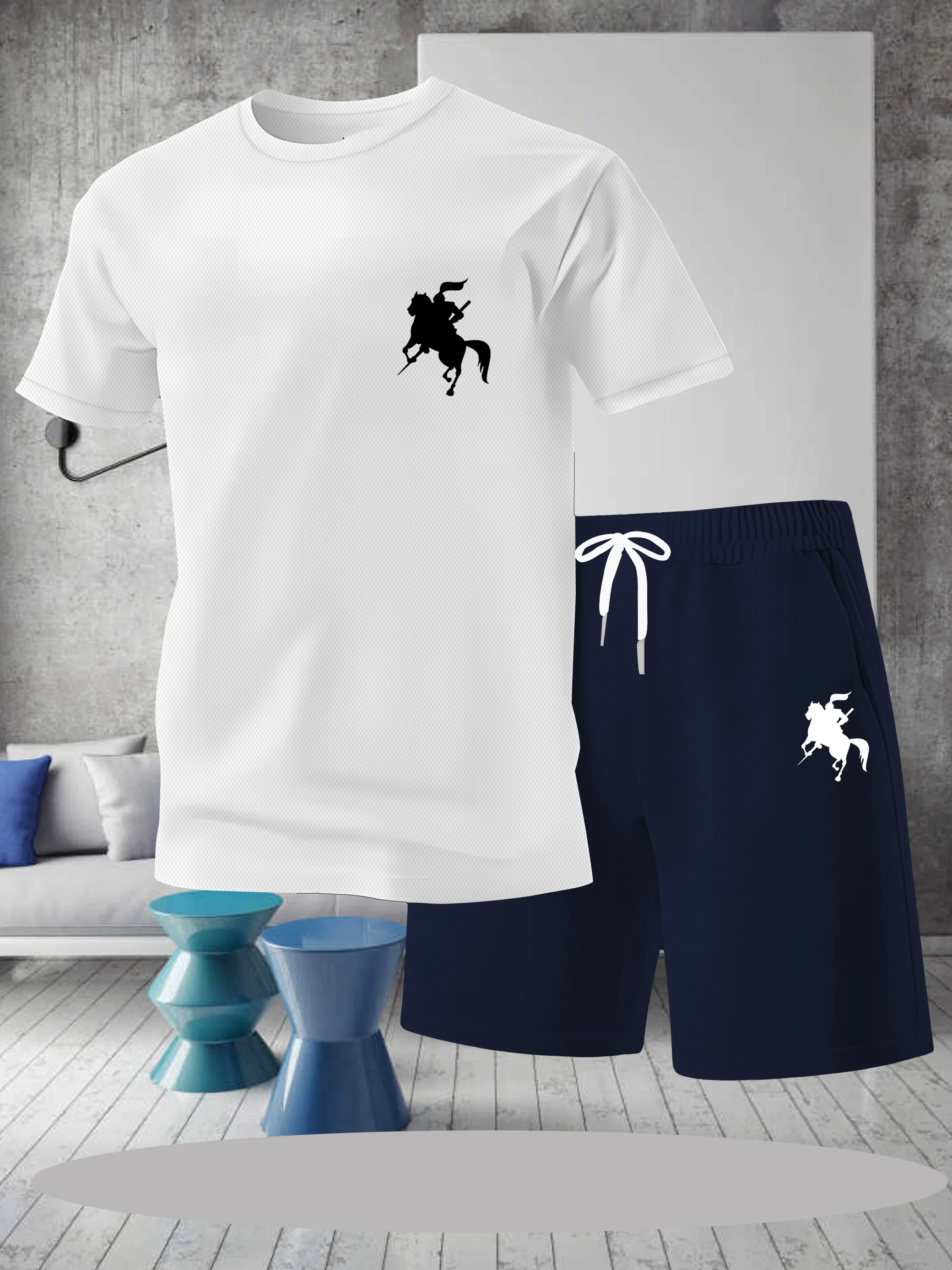 

Letter printed short sleeved+shorts two-piece men's fashionable casual round neck T-shirt set, European style trendy short sleev