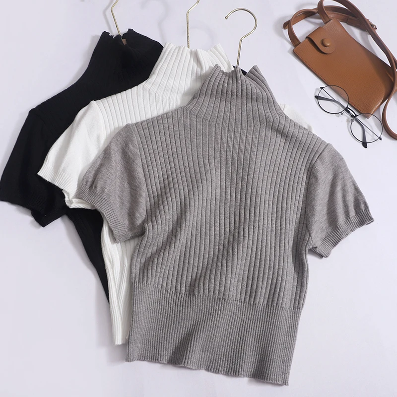 Women New Spring Summer Turtleneck Short Sleeve Pullover Casual Solid Thin Sweater Elastic Slim Versatile Comfortable Short Top