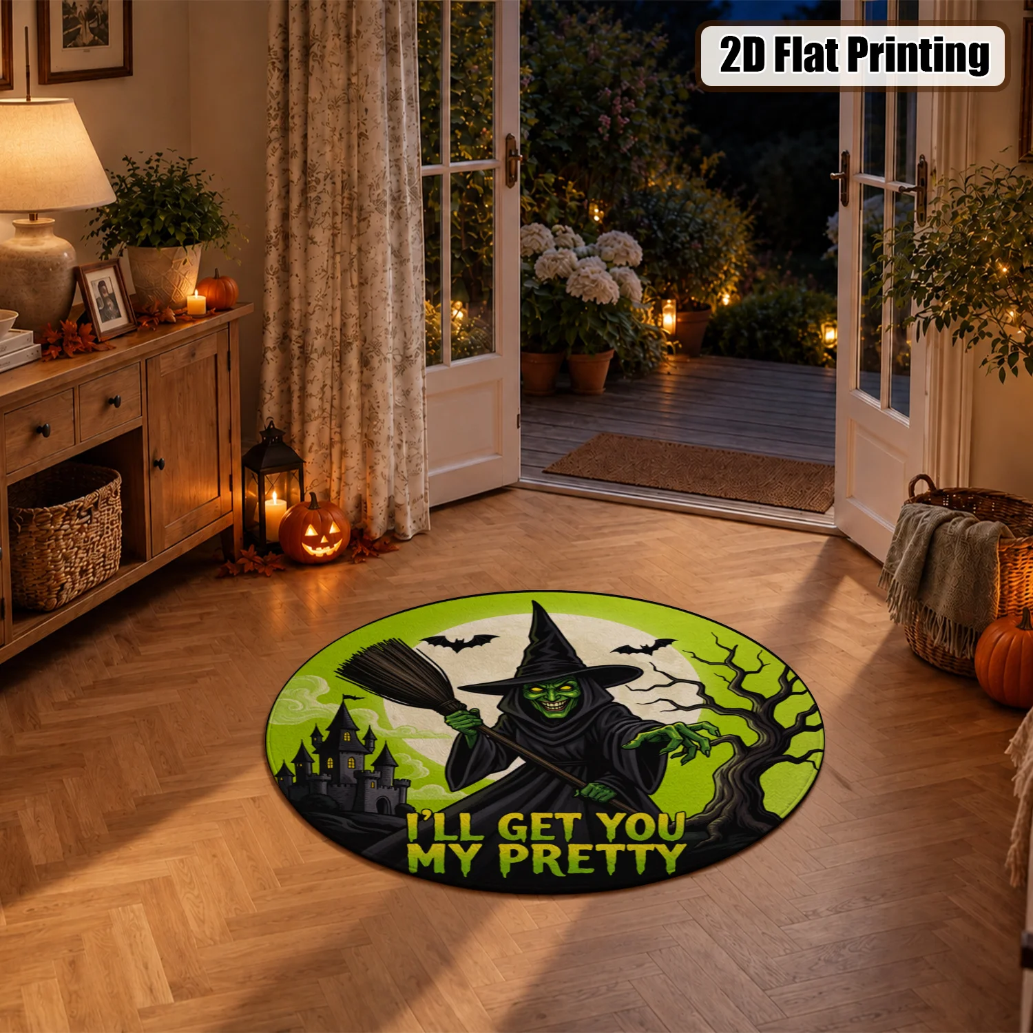 Halloween Witch Broom Bat Castle Pattern Round Velvet Area Rug, Soft Plush Machine Washable Floor Rug for Living Room Bedroom Entryway Dining, Perfect for Halloween Thanksgiving Black Friday Christmas New Year Decor