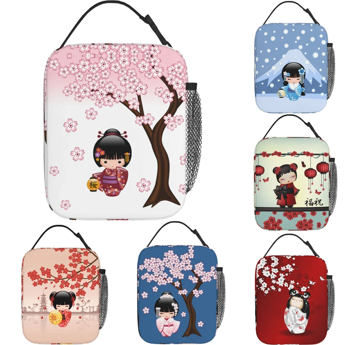 Cute Japanese Geisha Girl Lunch Boxes Accessories Sakura Kokeshi Doll Insulated Cooler Bags Thermal Cold Picnic Travel Lunch Box