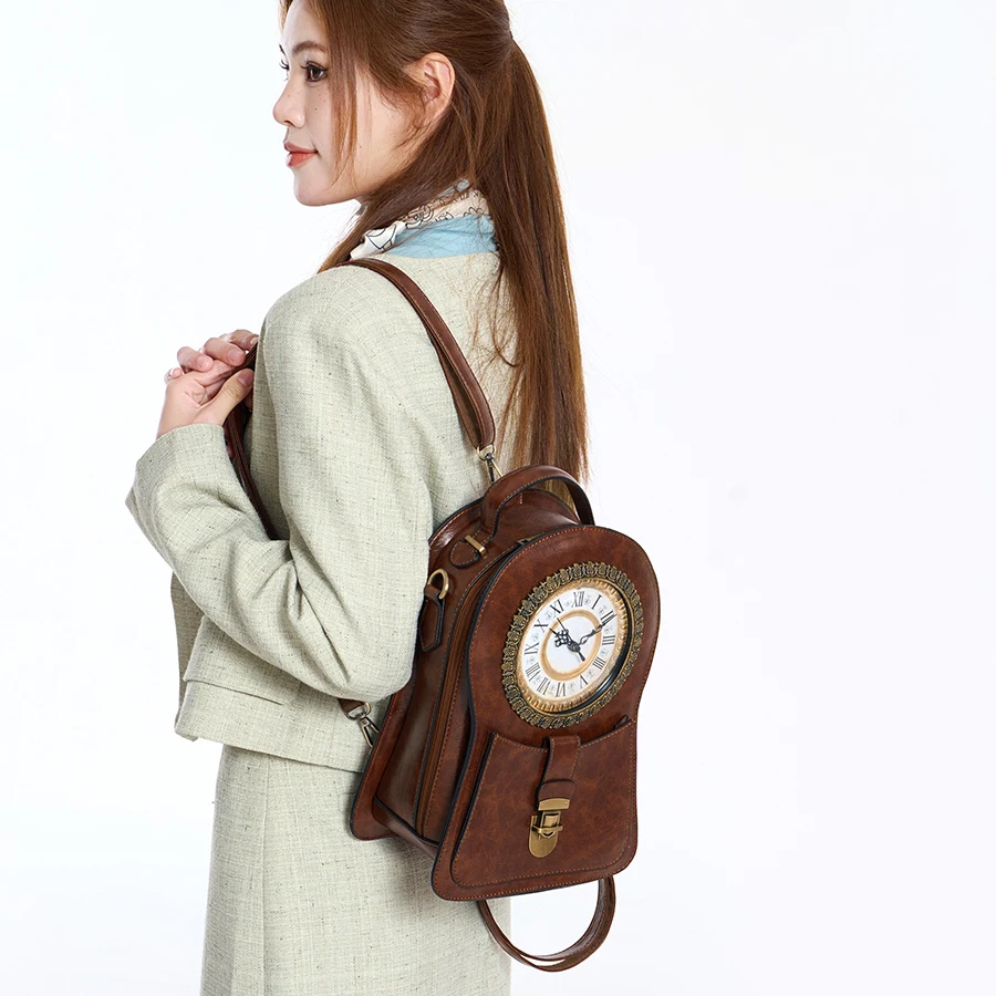 Vintage Clock Backpack, Clock-Style Fashion Shoulder Bag, Crossbody Backpack, Trendy Cool Clock Design, Large-Capacity Multifunctional Travel Bag, British Style Vertical Party Backpack, Waxed Leather Three-Dimensional Bag, Holiday Gift for Christmas