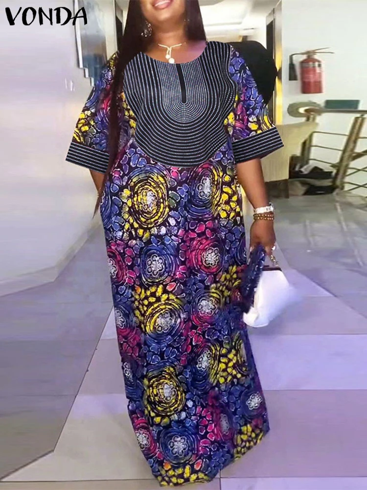

Women Long Dress VONDA Casual Half Sleeve Floral Printing Robe Loose Oversize Maxi Vestidos Streetwear Femme Elegant Sundress