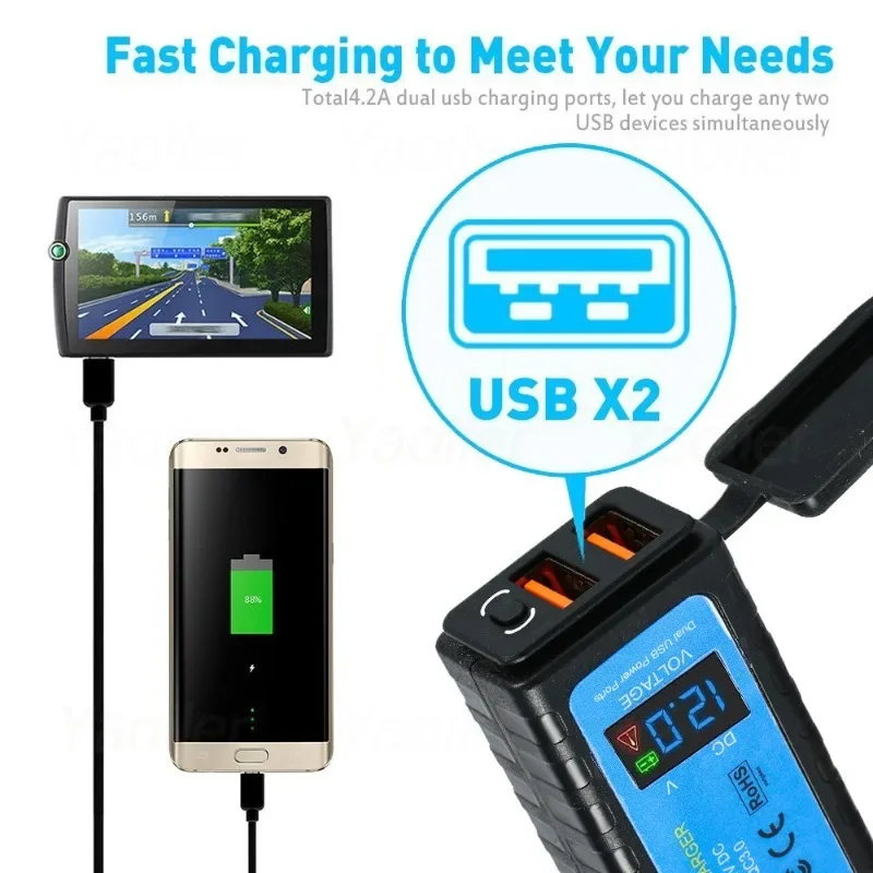 Universal 6.8A QC3.0 Motorcycle USB Charger Waterproof 12V Power Supply Adapter with Switch Voltmeter Socket Moto Phone Charger