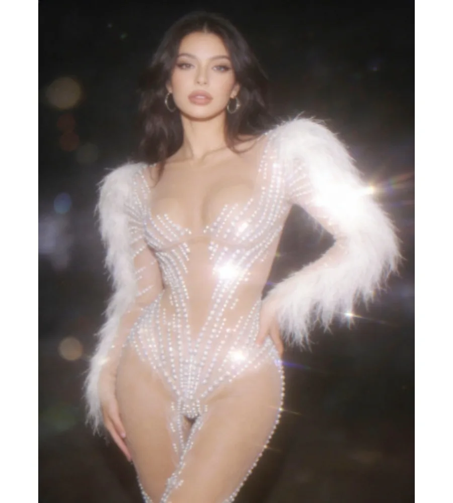New Model Women Shining Rhinestones Mesh Ruffles See Through Bodycon Jumpsuit Bar Dance Performance Costumes Stage Wear