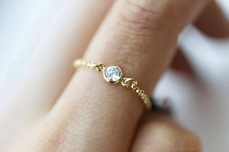 

delicate thin italy chain gold plated single cz 925 sterling silver bezel cz chain ring for girl