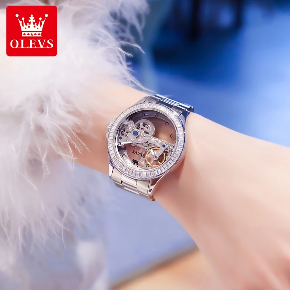 OLEVS Women\'s Watches Elegant Fashion Full Hollow Tourbillon Automatic Mechaniacl Wristwatch for Man Waterproof Luminous New