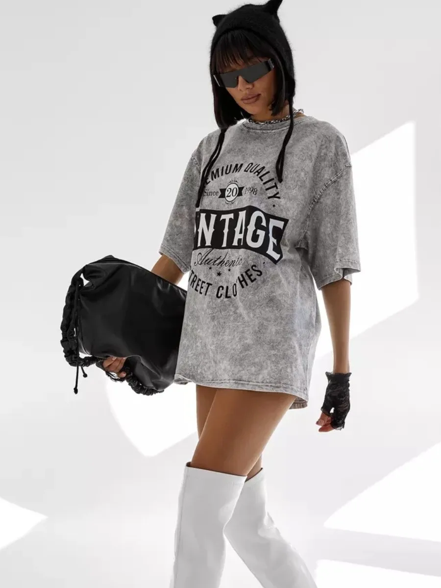 

European and American Retro Washed Vintage Design T-Shirt with Letter Print