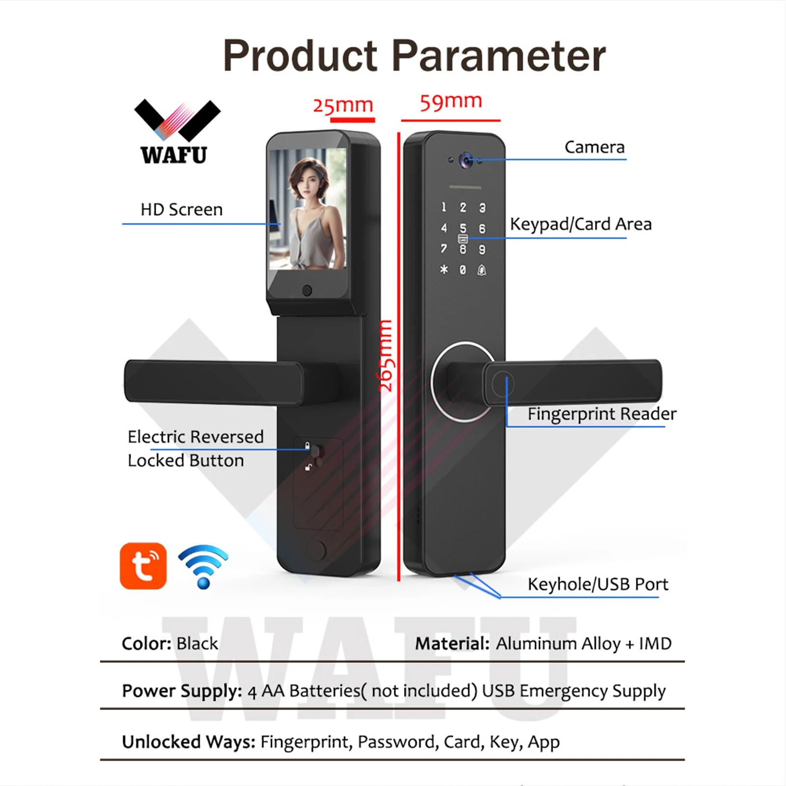 

Smart Lock with 120° Wide Angle Camera and Smart Doorbell Aluminum Alloy Keyless Entry Lock Handle Biometric for 35-60mm Office