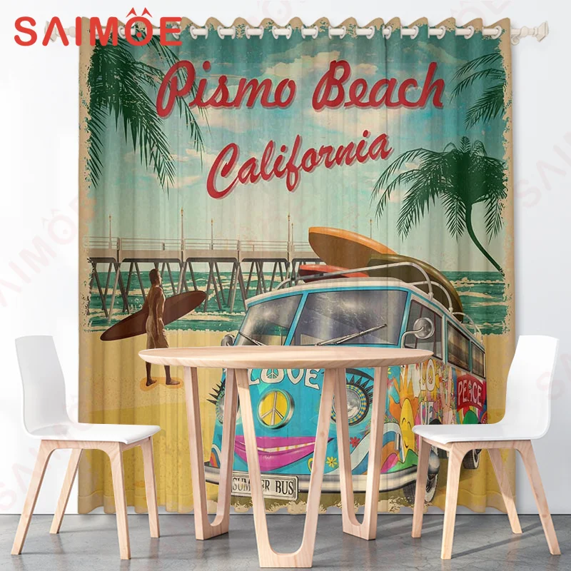 3D Summer Resort Vintage City Building Curtains Vintage Car Beauty Beach Coconut Tree Thin Polyester Fabric Decorative with Hook