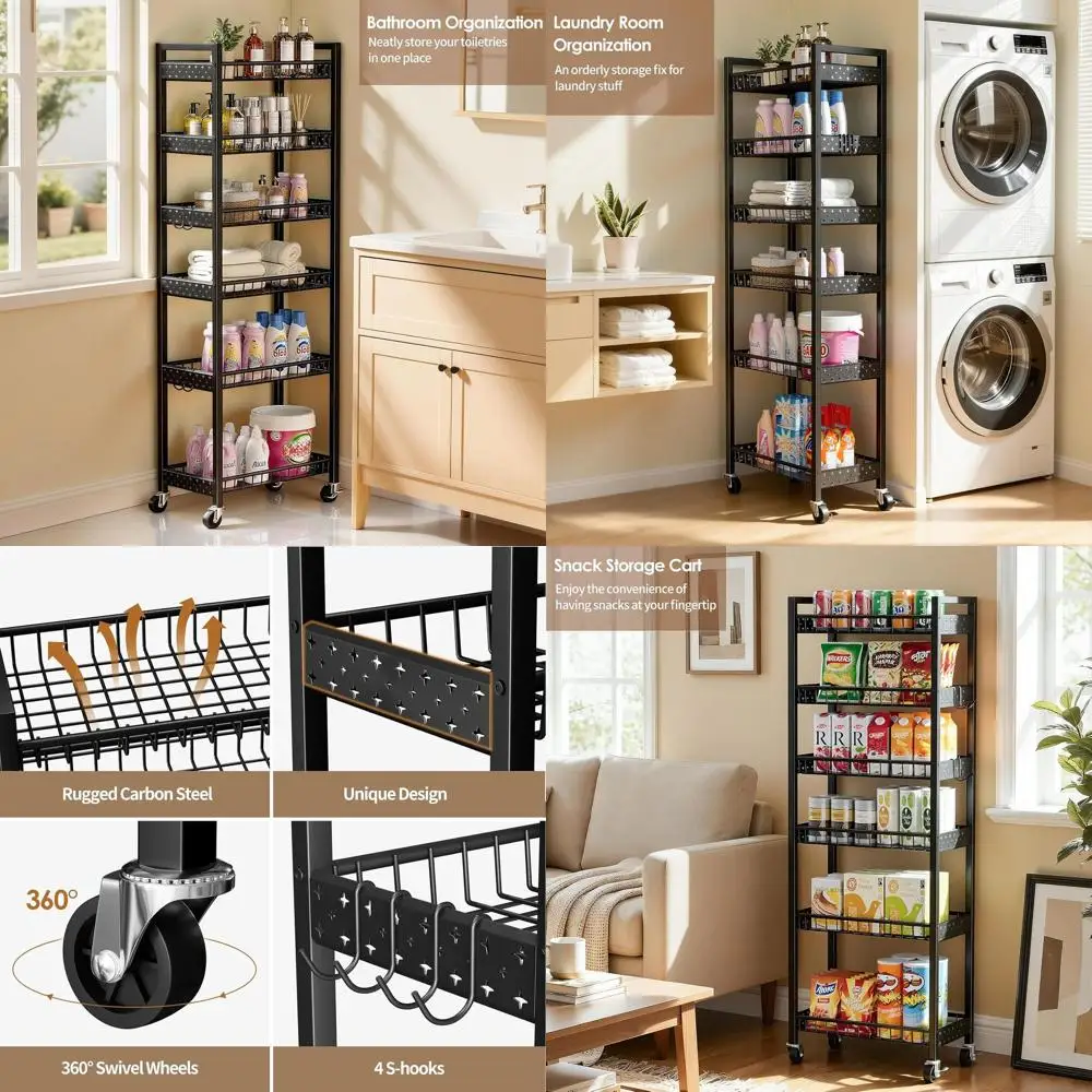 

6-Tier Compact Rolling Storage Cart, Mobile Utility Organizer for Kitchen, Bathroom, Laundry, Living Spaces, 10 Wide, Black