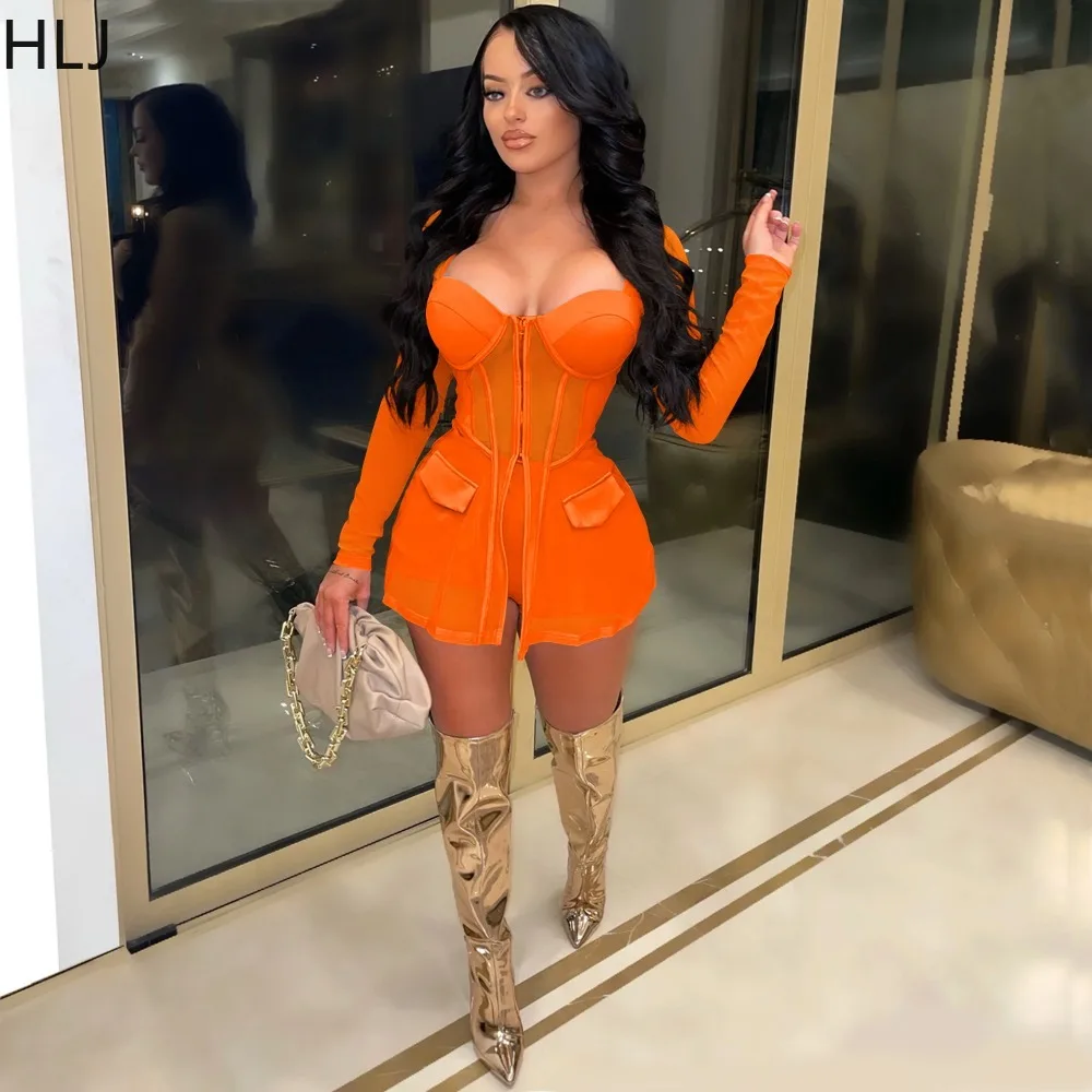 HLJ Sexy Mesh Perspective Patchwork Shorts Two Piece Sets Women Low Cut Long Sleeve Top + Shorts Outfits Lady Nightclub Clothing