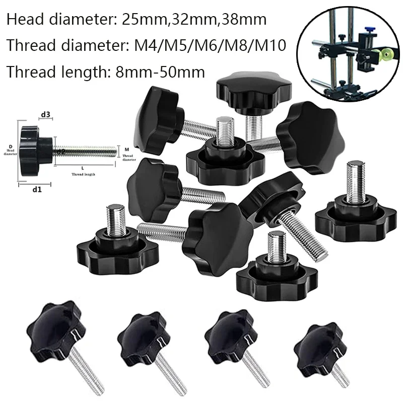 5pcs/10pcs Hex Star Knob Male Thread Clamp Knob Screws M4/M5/M6/M8/M10 Hand Tighten Release Screws Head Diameter 25mm 32mm 38mm