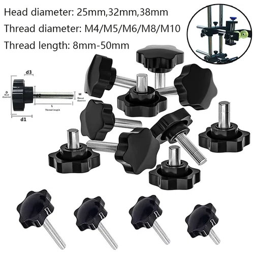 Imagen 1 del producto Tornillos de estrella hexagonal de 5 piezas/10 piezas, tornillo de perilla de abrazadera de rosca macho M4/M5/M6/M8/M10, tornillos de liberación de apriete manual, de 25mm diámetro de cabeza, 32mm y 38mm