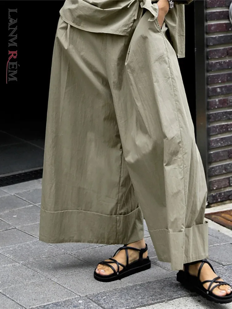 LANMREM Casual Wide Leg Pants For Women Elastic High Waist Solid Color Minimalism Trousers 2024 Summer New Clothing 2Z1937