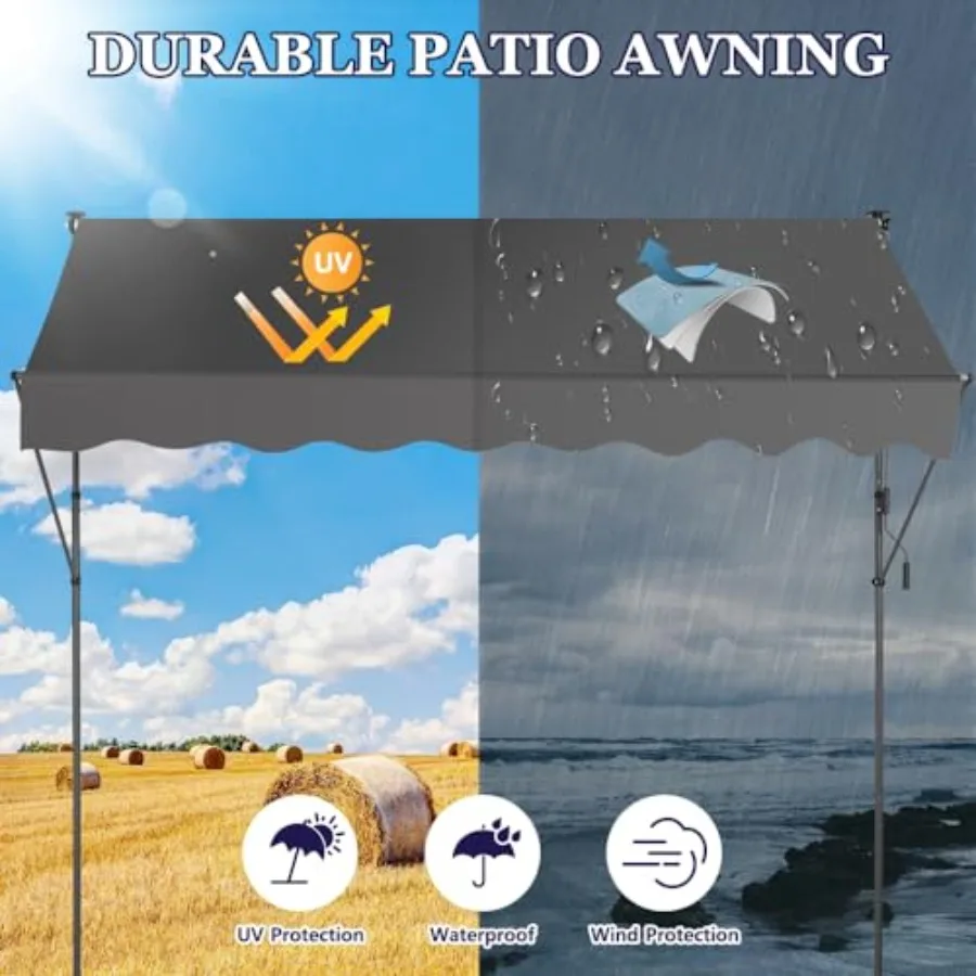 Manual Retractable Awning for Patio Door, Garden, Balcony 118-Inch Adjustable Exterior Sunshade Shelter in Gray with UV Protect