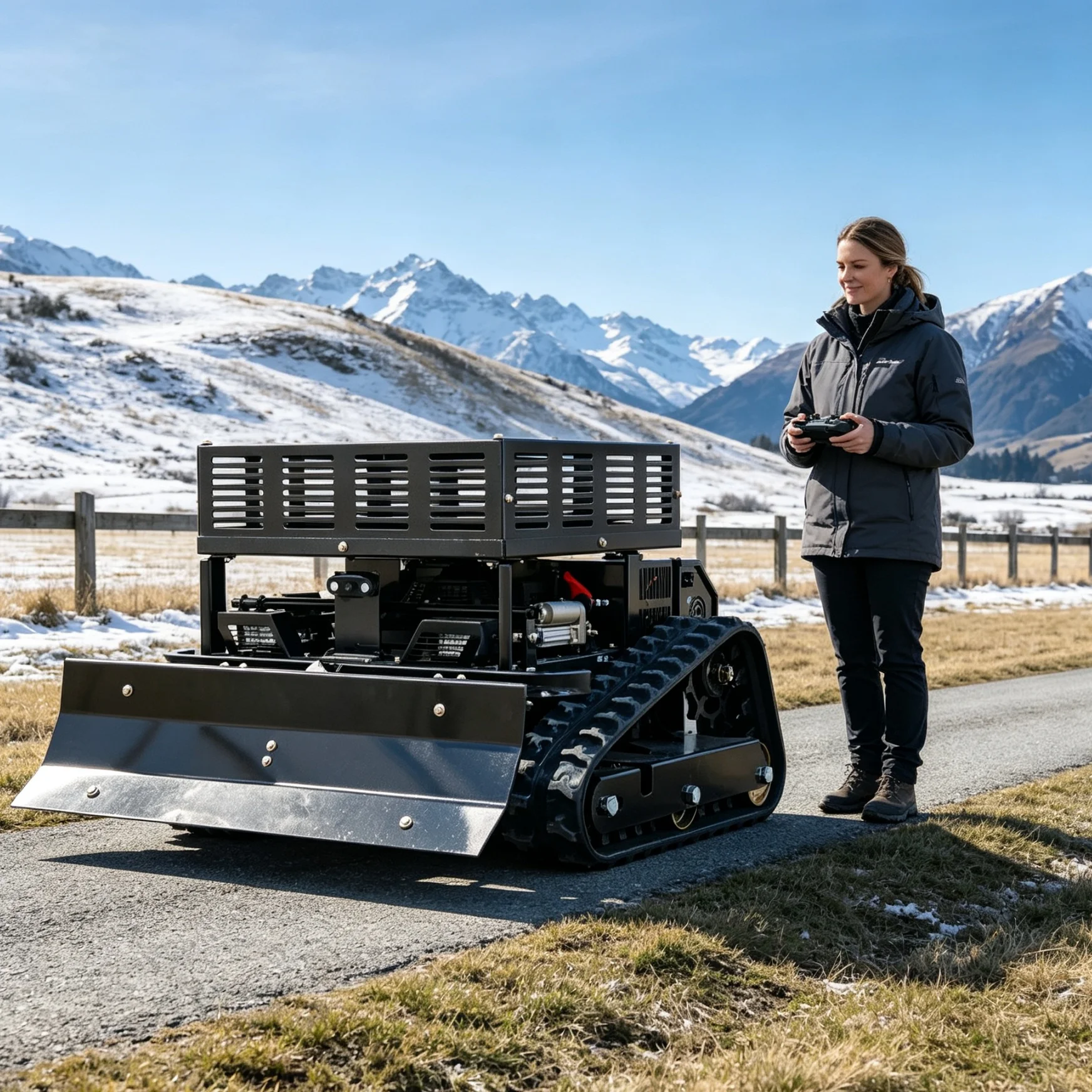 Customized 550 tracked lawn‑care machine with expandable storage rack, intuitive display screen and snow‑shovel accessory
